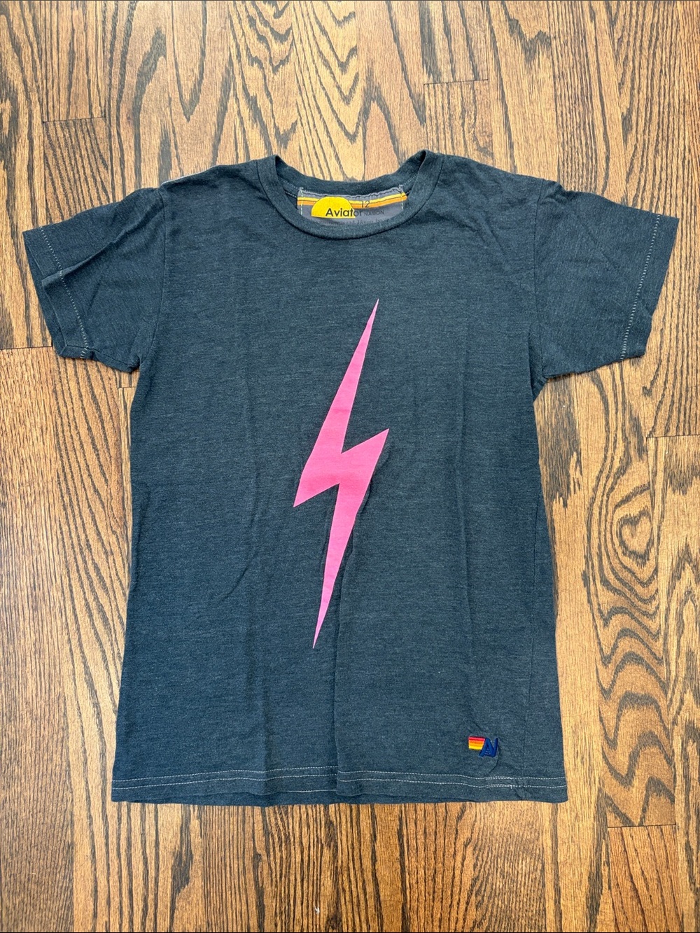 Kids Aviator Nation Charcoal Tee with Pink Lightning Bolt